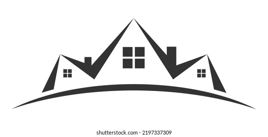 Vector illustration of property logo design, big house with chimney on curved lawn icon on white background.