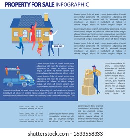 Vector Illustration Property for Sale, Infographic. Husband and Wife and Children Rejoice at Selling House. Family Jumps and Rejoices Near House and Signs Saying Sold Out, Cartoon.