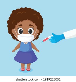 Ilustración vectorial vacunación profiláctica de un niño. Niña caricaturista vacunada con mascarilla

