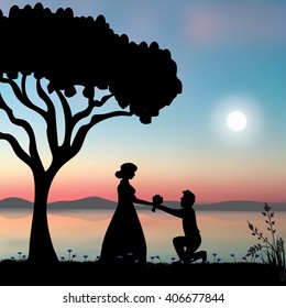 Vector illustration . Propose marriage under the tree