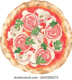 Vector illustration of Prosciutto Fungi Pizza topped with prosciutto, mushrooms, mozzarella, and tomato sauce. Top view