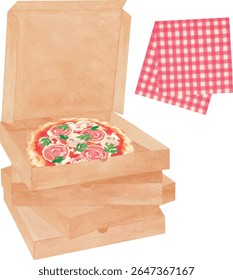Vector illustration of Prosciutto Fungi Pizza in an open delivery box, with a stack of pizza boxes in the background and a traditional Italian checkered napkin.