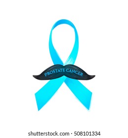 Vector illustration of prostate cancer awareness background isolated on white. Ribbon preventing the male prostate disease and cancer symbol blue bow and mustache. Painted blue ribbon emblem