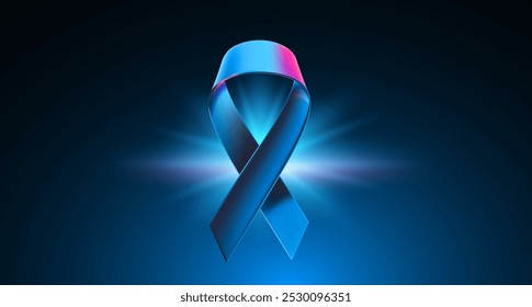 Vector illustration of prostate cancer blue realistic ribbon with loop. Symbol of prostate cancer awareness. 3d design of shine ribbon for awareness month campaign banner background, poster