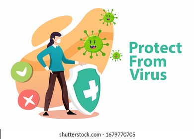 Vector illustration protect from virus. protect from covid-19 viruscorona virus concept. Woman fight the virus. defend from virus. avoiding corona viruses.