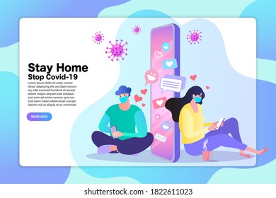Vector Illustration. Protect Yourself. Man and Woman keeping Distance for Decrease Infection Risk For Prevent Virus Covid-19. Stay Home on Quarantine During the Coronavirus Epidemic.