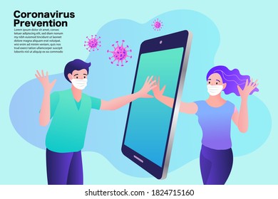 Vector Illustration. Protect Yourself. Man and Woman keeping Distance for Decrease Infection Risk For Prevent Virus Covid-19. Stay Home on Quarantine During the Coronavirus Epidemic.