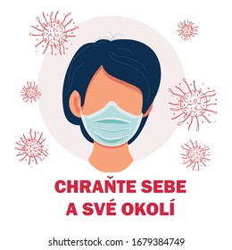 Vector illustration: PROTECT YOURSELF
AND OTHERS FROM INFECTION IN CZ LANGUAGE, flat icon. Woman presenting the correct method of wearing a mask to reduce the spread of germs, viruses and bacteria.