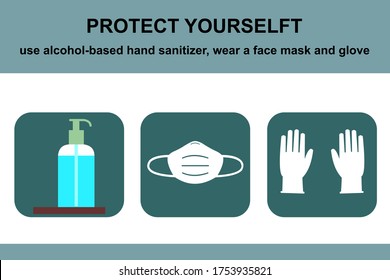 Vector illustration 'Protect yourself! Use an alcohol-based hand sanitizer, wear a face mask and gloves'. Infographic for health posters and banners.