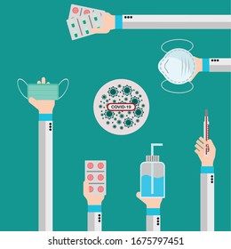 Vector illustration protection covid-19 virus or corona virus. cure corona virus. hand holding medicine,mask,vaccine,cleaning gel for protect virus concept. corona viruses vaccine concept. 