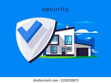 Vector illustration of the protection of a modern suburban two-storey house on the background of the silhouette of a large metropolis, city, life in a private house, outside the city