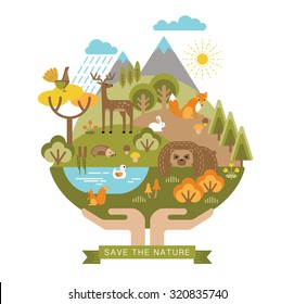 Vector illustration of protection nature. Forest flora and fauna. Trendy graphic style.