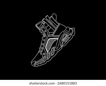 Ilustração vetorial de botas de proteção com design de segurança industrial, ícone de desenho com contorno branco sobre fundo preto