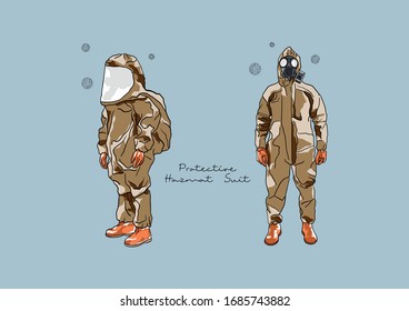 Vector Illustration Of Protective Hazmat Suit / Personal Protective Equipment (PPE) Preventing COVID-19