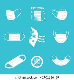 Vector illustration of protective medical masks for protection against coronavirus. Material for presentations and landing pages. Various types of masks and their properties in the illustrations.