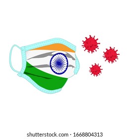 Ilustración vectorial de una máscara respiratoria protectora en forma de bandera de la India, que lucha contra el coronavirus. El concepto de combatir el ataque de diferentes virus.