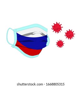 Vector illustration of a protective respiratory mask in the form of the flag of Russia, which is fighting against coronavirus. The concept of combating the attack of different viruses.