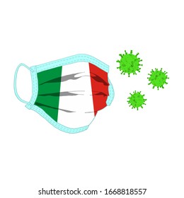 Ilustración vectorial de una máscara respiratoria protectora en forma de bandera de Italia, que lucha contra el coronavirus. El concepto de combatir el ataque de diferentes virus.