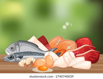 Vector illustration of protein sources like fish, chicken, and meat on a wooden surface.