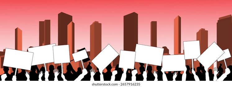Ilustración vectorial de una protesta en una ciudad con siluetas de personas con carteles en blanco contra un horizonte rojo al atardecer.