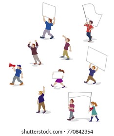 Vector illustration of protest people with banners and megaphones on demonstration. Demonstration, protest, strike concept.