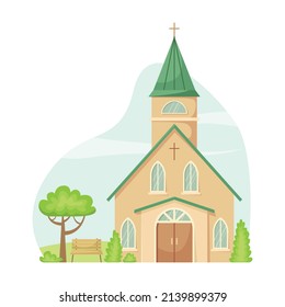 Vector illustration of a Protestant church. Religious architectural building.