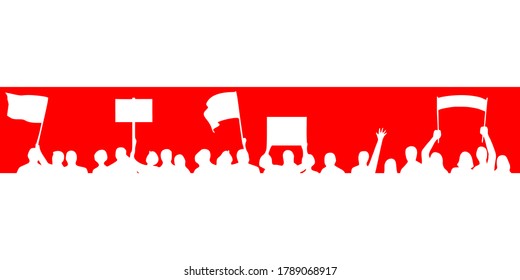 Vector illustration protesters in the background of the white-red-white flag.  The symbol of freedom Belarus. Symbol of protest in the presidential elections in Belarus in 2020