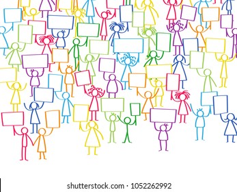 Vector illustration of protesting colorful stick figures, holding up blank signs isolated on white background