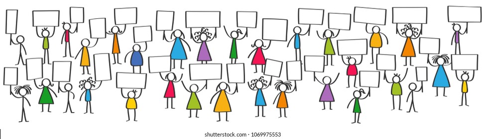 Vector illustration of protesting colorful stick figures, children holding up blank boards, horizontal banner, isolated on white background