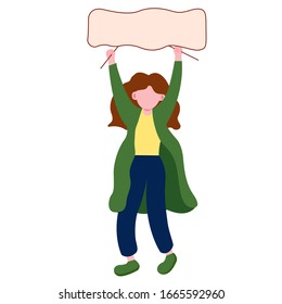 Vector illustration of a protesting girl with a poster isolated on a white background. Flat illustration of a student protesting. Stock illustration of a feminist in a raincoat with a poster.