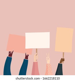 Vector illustration. Protesting people with banners and posters express their demands. Template to fill out.