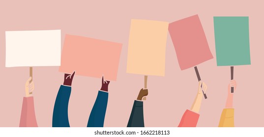 Vector illustration. Protesting people with banners and posters express their demands. Template to fill out.