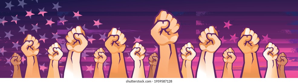 vector illustration protesting people clenched fists as a sign of disagreement horizontal banner
