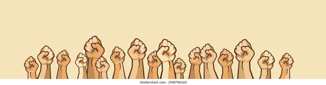 vector illustration protesting people clenched fists as a sign of disagreement horizontal banner