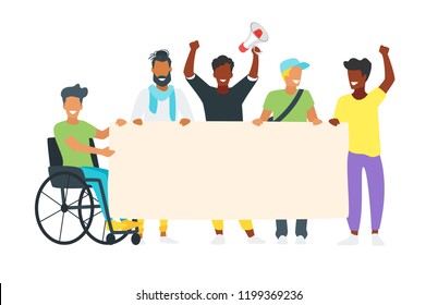 Vector illustration of protesting people holding blank placard. Young activist gay man on parade or political meeting standing together. Minimalism design with people silhouettes.
