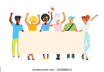 Vector illustration of protesting people holding blank placard. Young activist man and woman on parade or political meeting standing together. Minimalism design with people silhouettes.