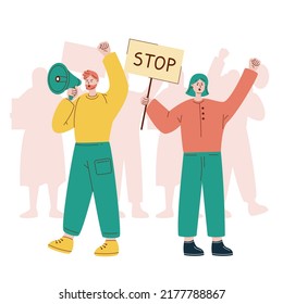 Vector illustration with protesting people. Man with loudspeaker. Girl with placard stop. Protest. Crowd of protesters.