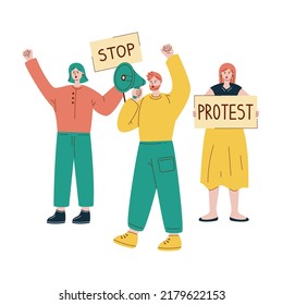 Ilustración vectorial con personas protestando. Hombre con altavoz. Chicas con carteles. Protesta.
