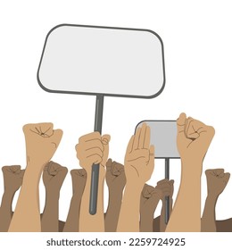 Vector illustration with protesting people. People raise their hands in a sign of pacifist protest. A crowd of people with flags and banners