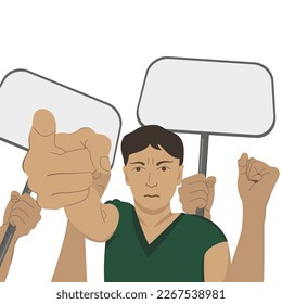 Vector illustration with protesting people. People raise their hands in protest. A crowd of people with flags and banners