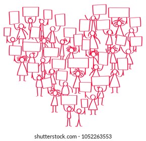 Vector illustration of protesting red stick figures, holding up blank signs standing in shape of heart isolated on white background