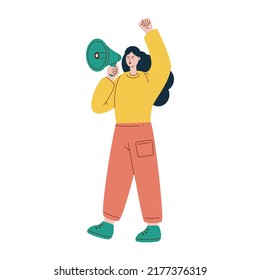 Vector illustration with protesting woman. Girl with loudspeaker. Protest. Woman shouting into a megaphone.