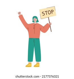 Vector illustration with protesting woman. Girl with placard. Protest. Woman holding a poster.