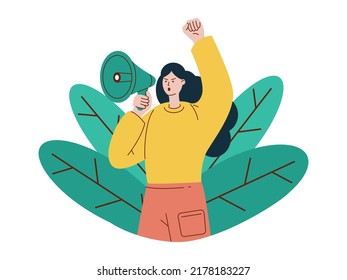 Vector illustration with protesting woman. Girl with loudspeaker. Protest. Woman shouting into a megaphone.
