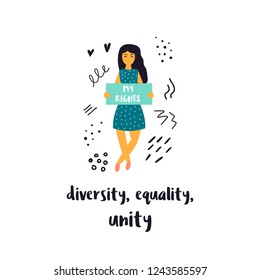 Vector illustration of protesting young woman holding a banner. Hand drawn image isolated on white background. Diversity. Equality, Unity. Empower concept.