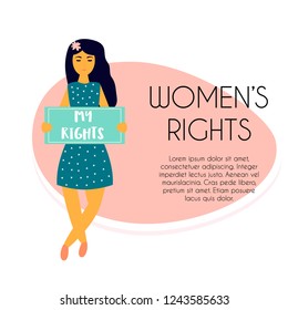 Vector illustration of protesting young woman holding a banner. Hand drawn image isolated on white background. Diversity. Equality, Unity. Empower concept.