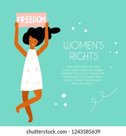 Vector illustration of protesting young woman holding a banner. Hand drawn image isolated on white background. Women's rights concept. Banner with place for text.