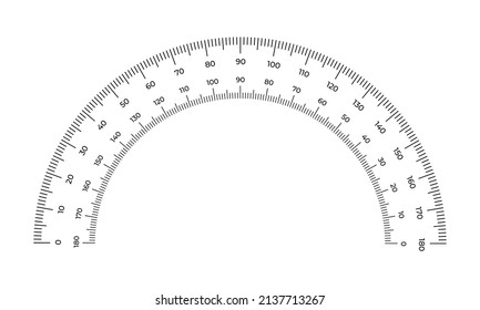 Vector illustration protractor grid isolated on white background. Measuring tool scale in flat style. 180 degrees scale protractor template. Tilt angle meter.