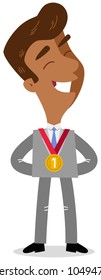 Vector illustration of proud asian cartoon business man standing with gold medal around his neck isolated on white background