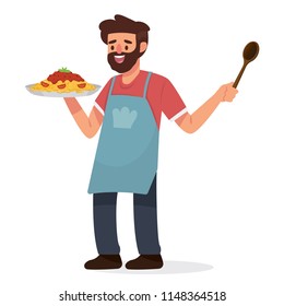 vector illustration of proud father cooking pasta , father holding bowl of pasta 